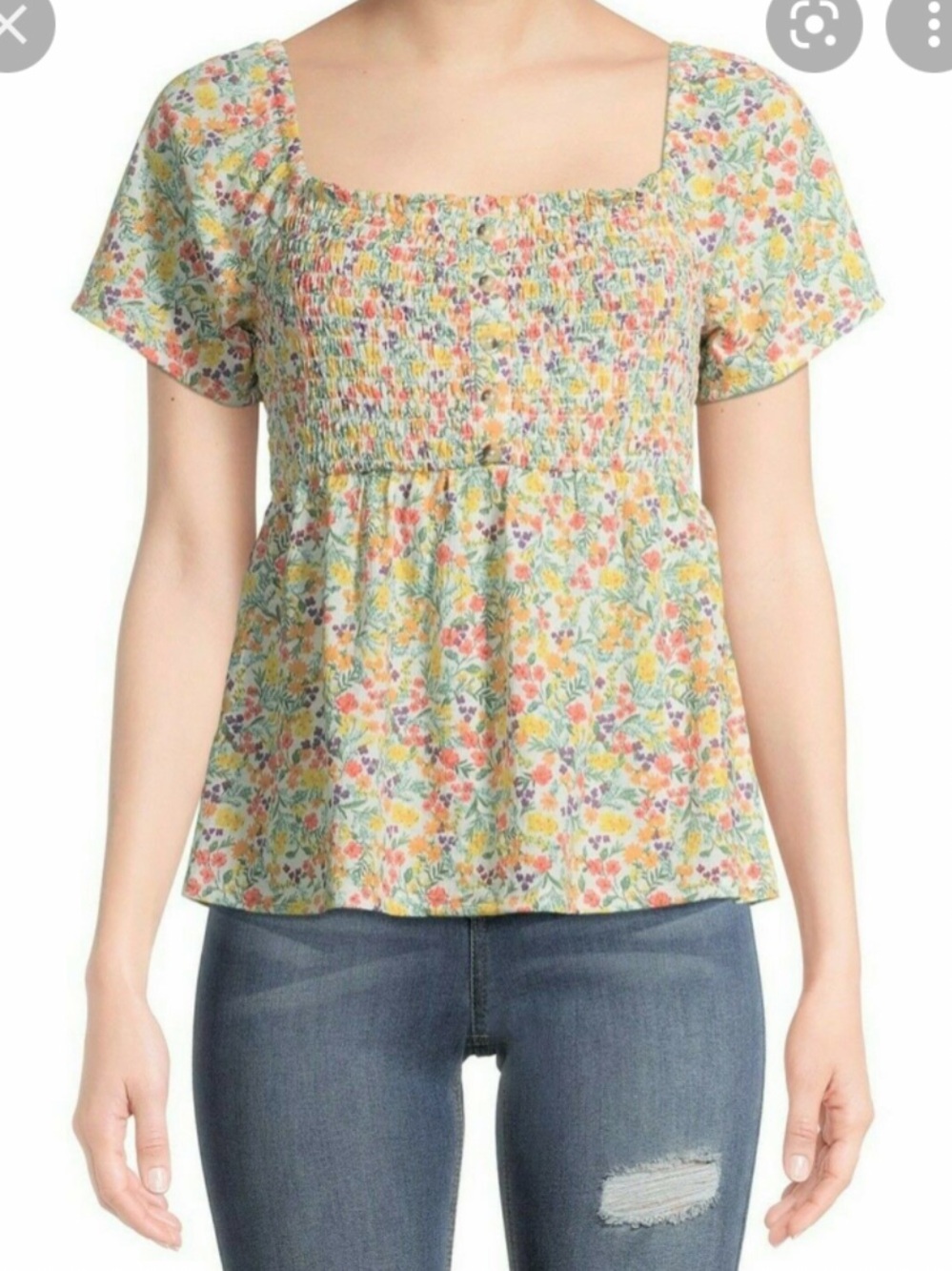 Floral Smocked Square-Neck Flutter Sleeve Top in Pastel Multi